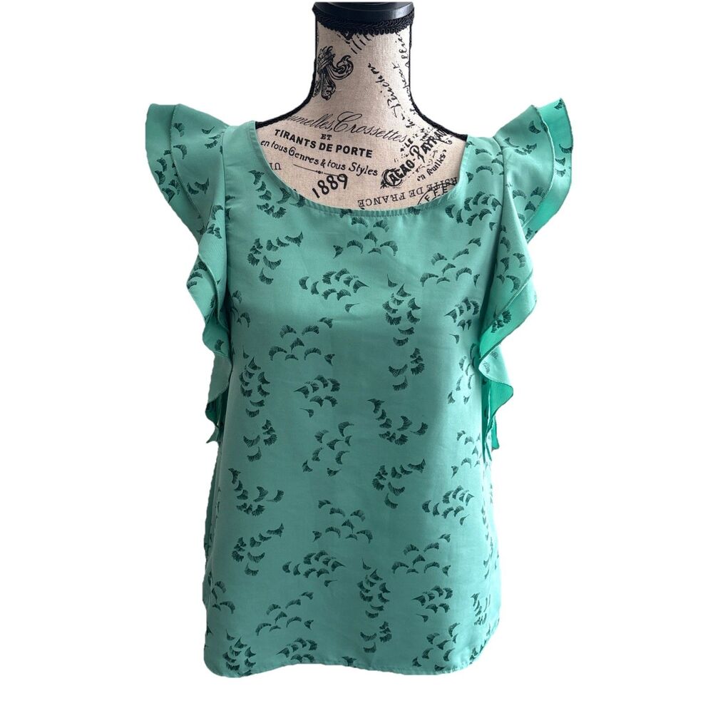H & M Green Ruffle Sleeve Size 4 Green Blouse Classic Coquette Cottage Core